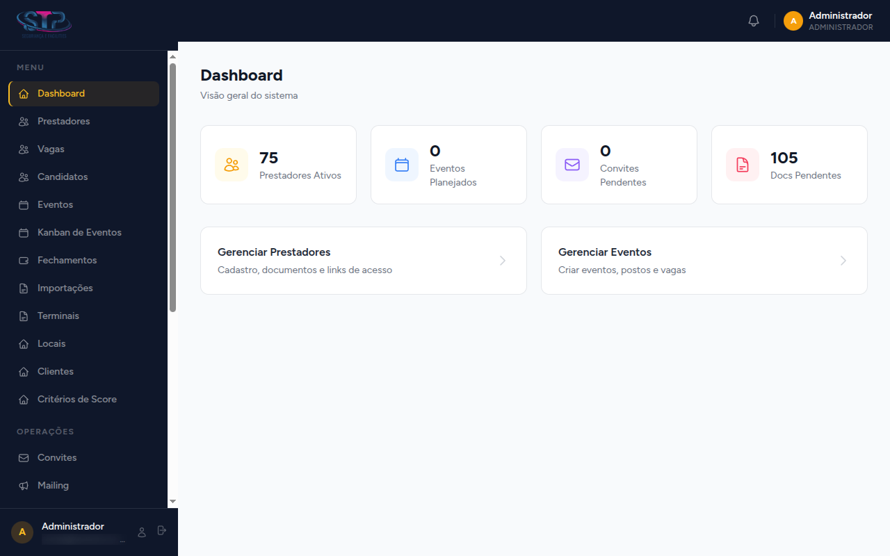Dashboard do EventForce, com prestadores ativos, eventos planejados, convites e documentos pendentes.