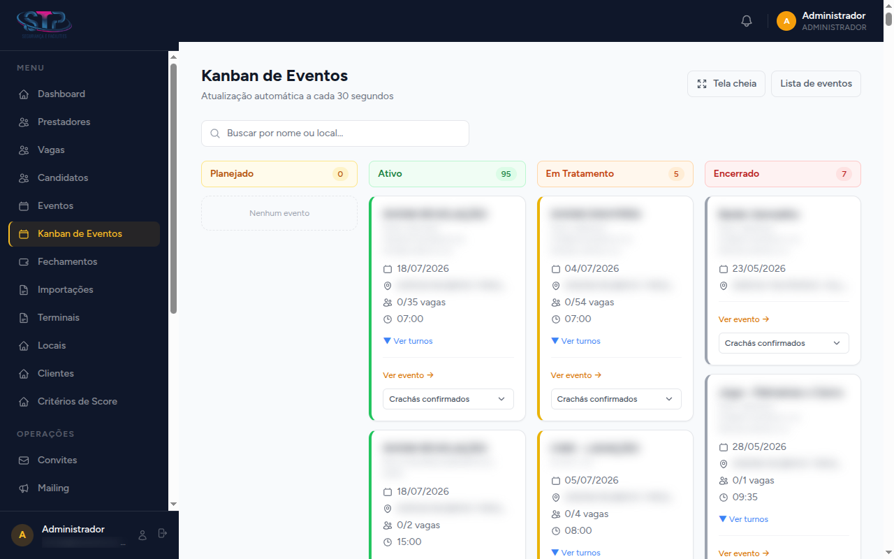 Kanban de eventos do STP Staff / EventForce, com nomes, clientes e locais desfocados