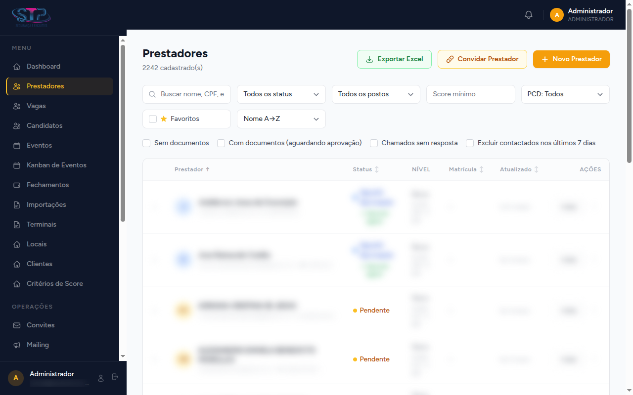 Lista de prestadores do EventForce, com busca, filtros e status. Nomes e dados pessoais desfocados.