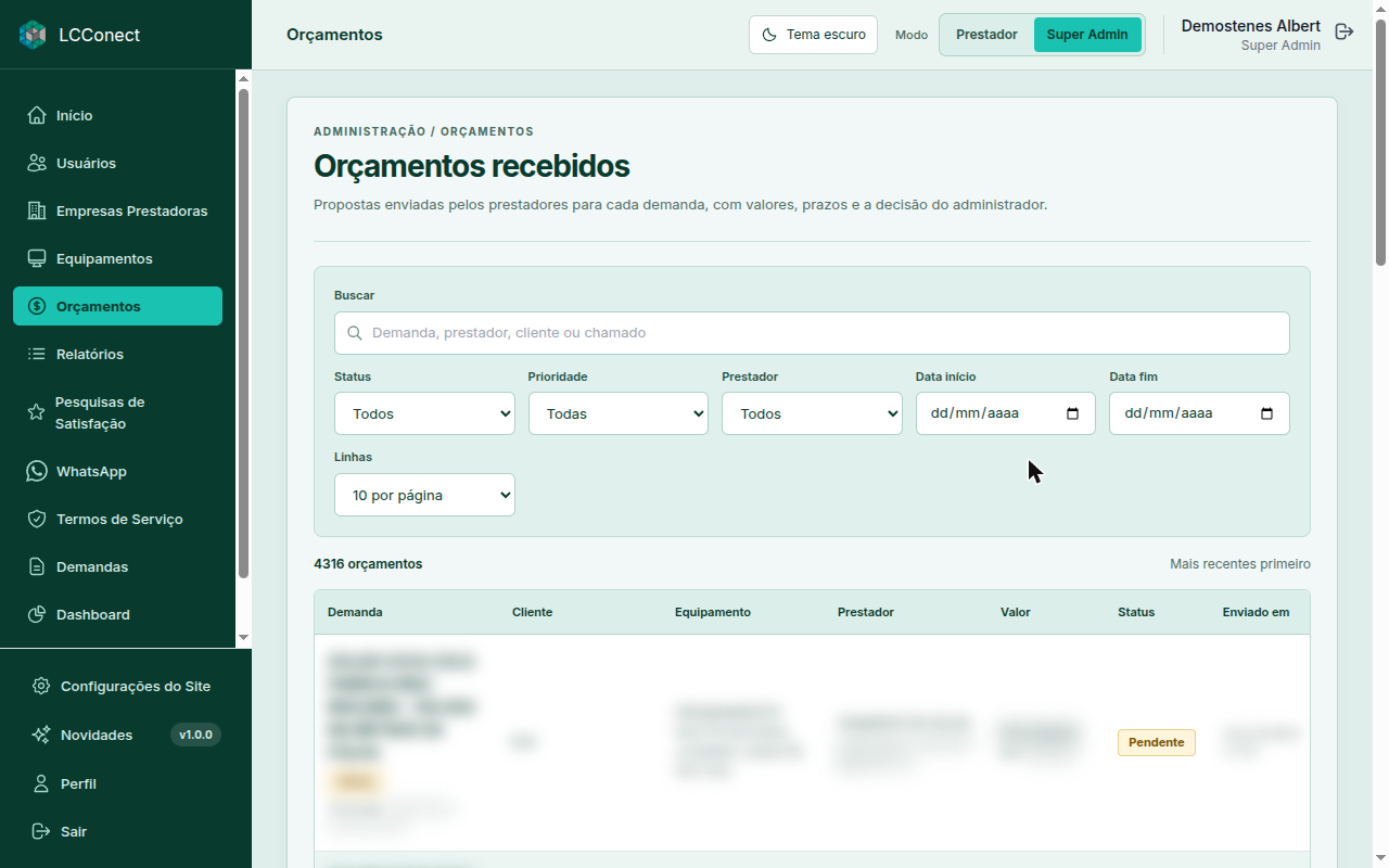 Orçamentos recebidos no LCConect, com filtros, prestador, valor e status. Dados desfocados.