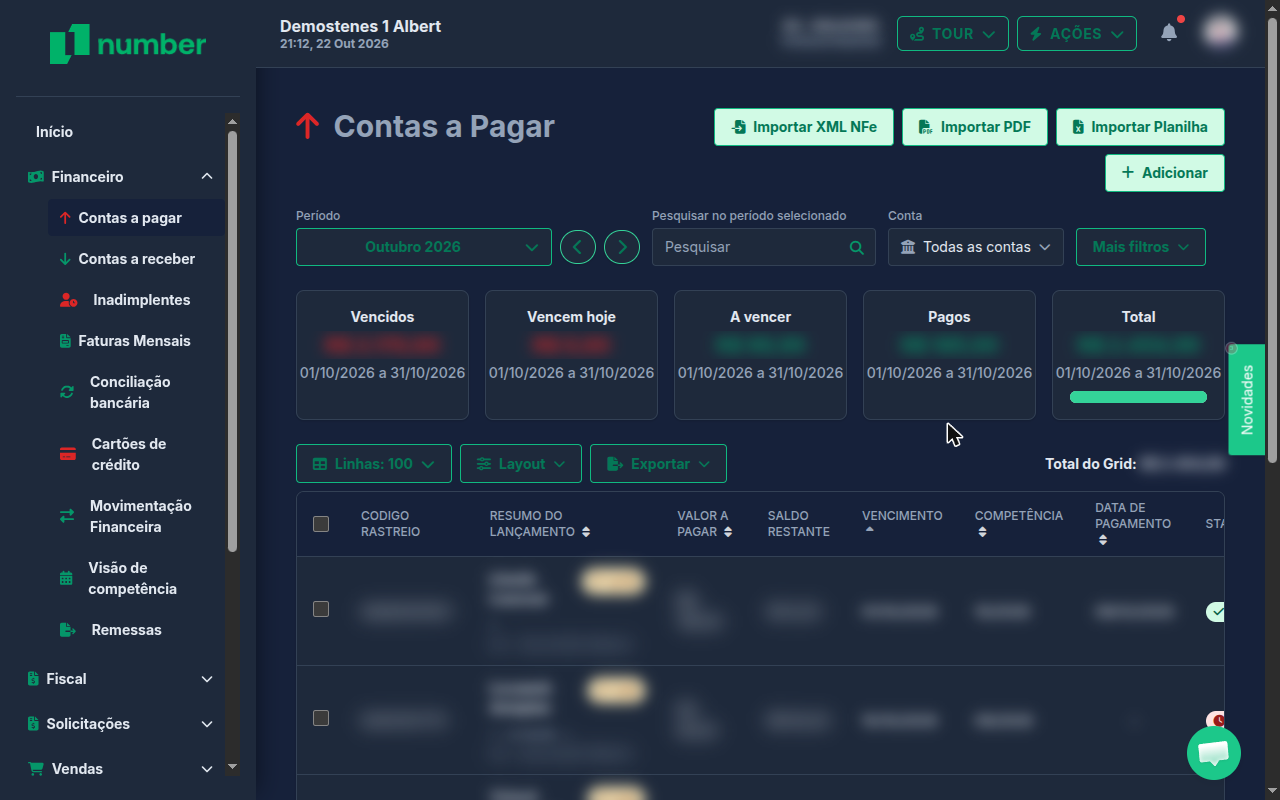 Lista de contas a pagar do Number, com filtros e totais por situação. Valores e dados desfocados.