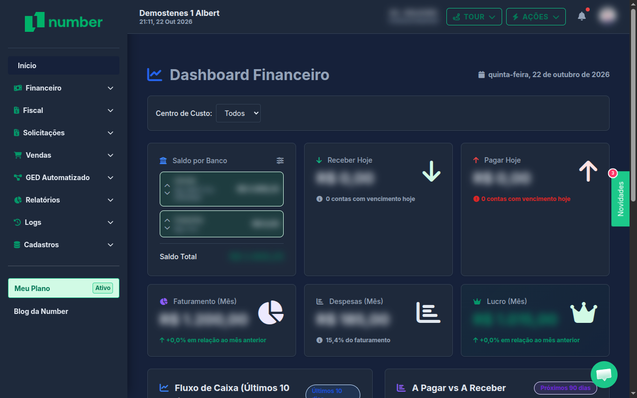 Dashboard financeiro do Number, com valores e dados desfocados