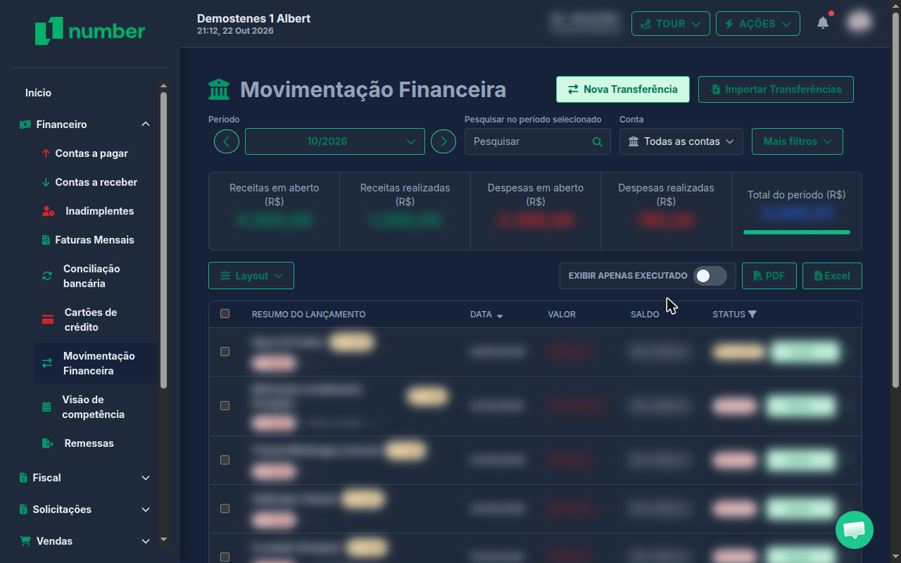 Movimentação financeira do Number, com totais do período e lançamentos. Valores e dados desfocados.